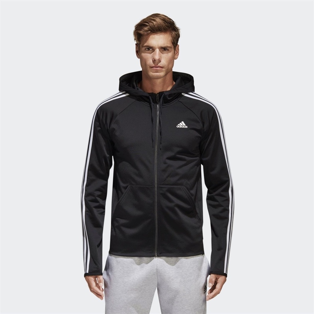 adidas Black Hooded Track Jacket with White Three-Stripes